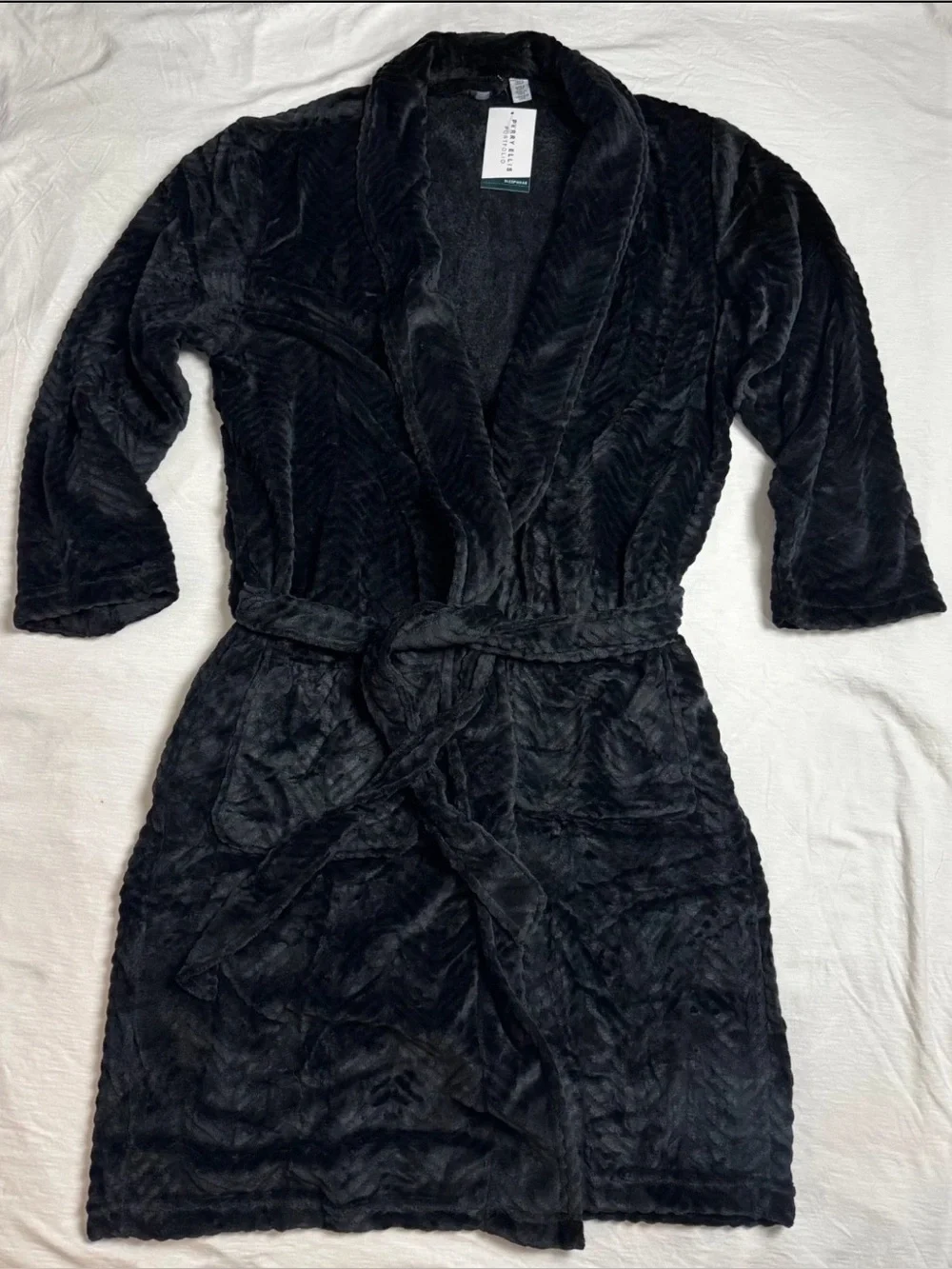 Perry Ellis Men's Herringbone Textured Soft Fleece Robe Black NEW O/S